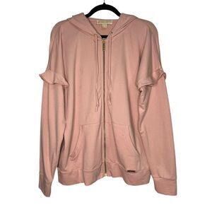 Michael Kors Women’s Large Full Zip Sweater Pink Hooded Ruffle Sleeve